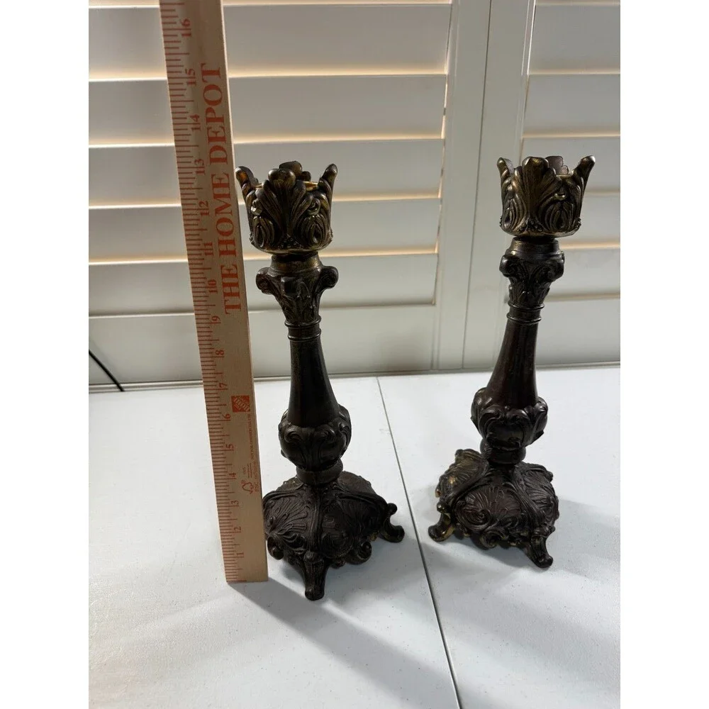 Vintage Rococo Revival Bronzed Spelter Candlesticks Pair 13” Gothic Victorian